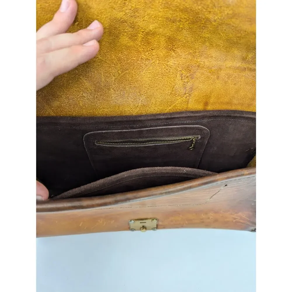 Vintage Tooled Leather Satchel, Whipstitch Boho Western Bag, Large, Brown Key